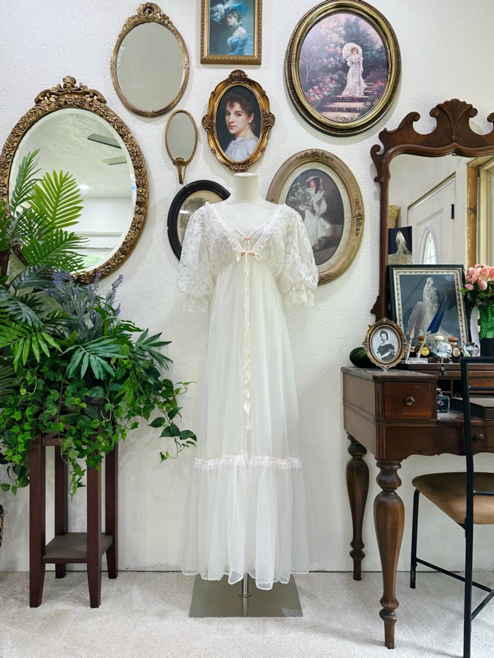 Sheer Ivory Lace Nightgown with Satin Ribbon